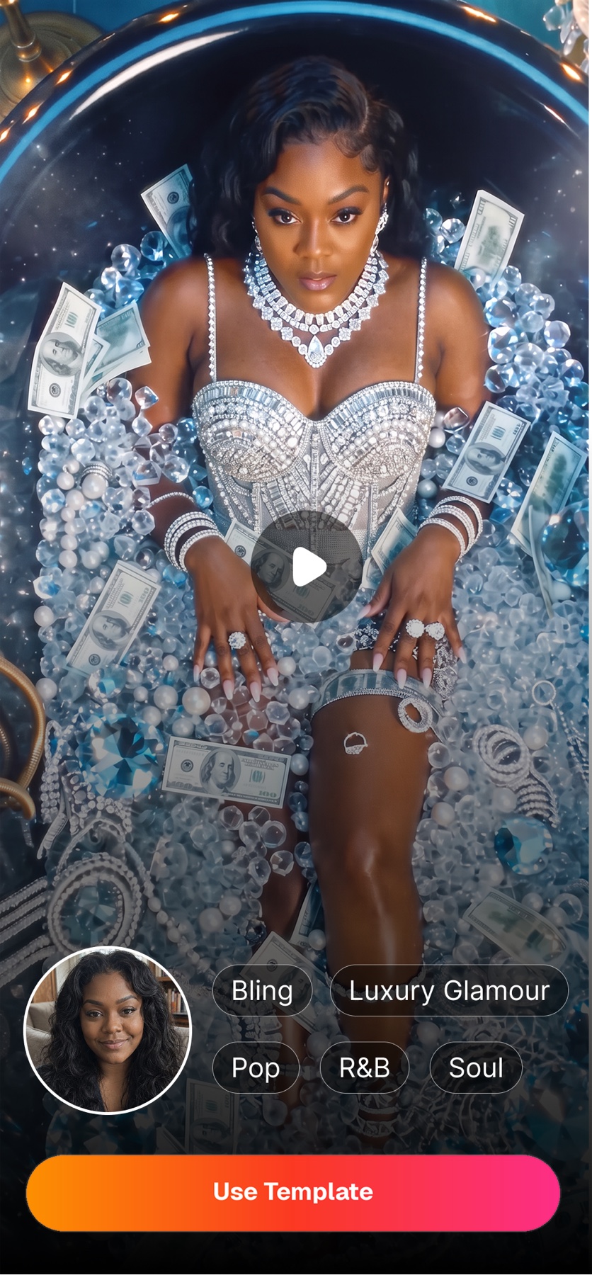 Luxury Glamour template preview with the Use Template button