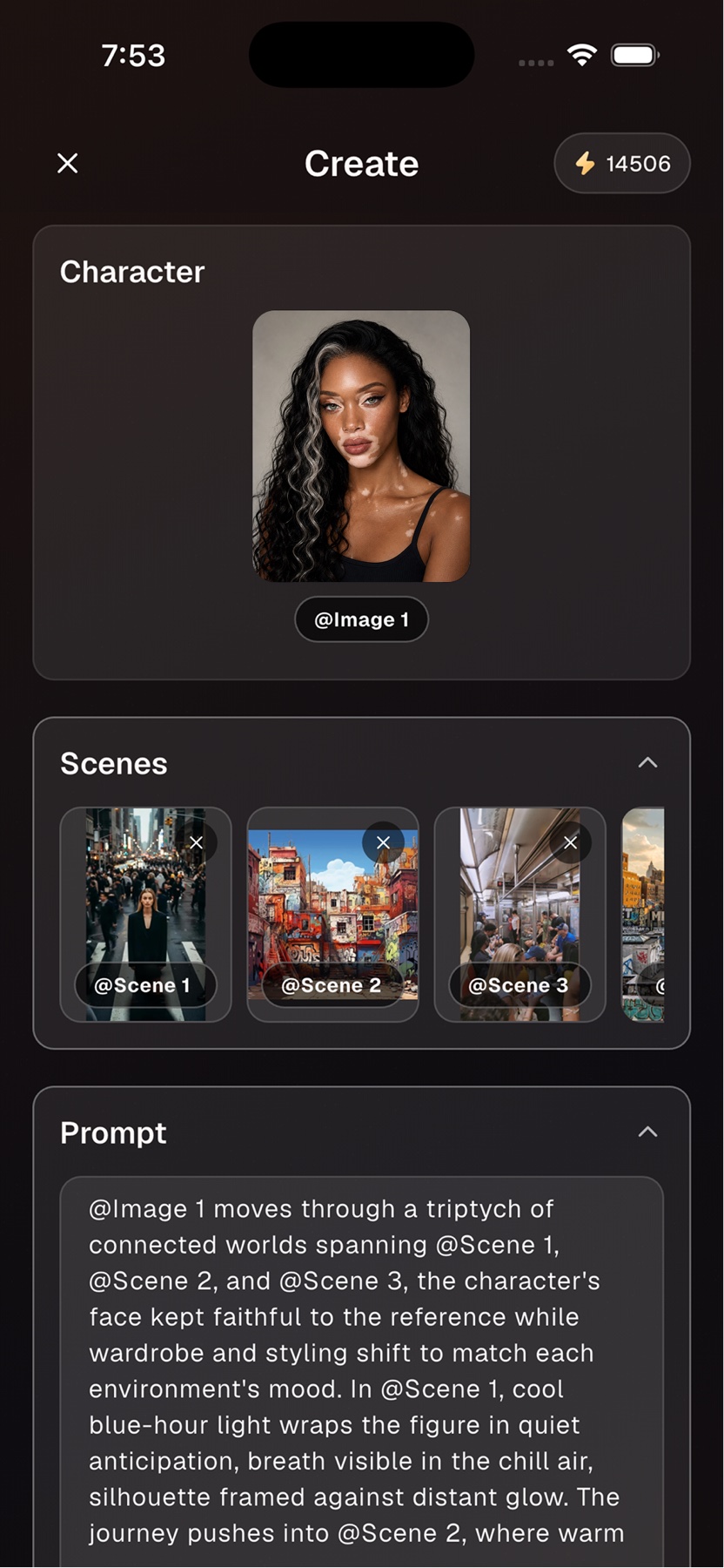 Create screen with a character reference and scenes