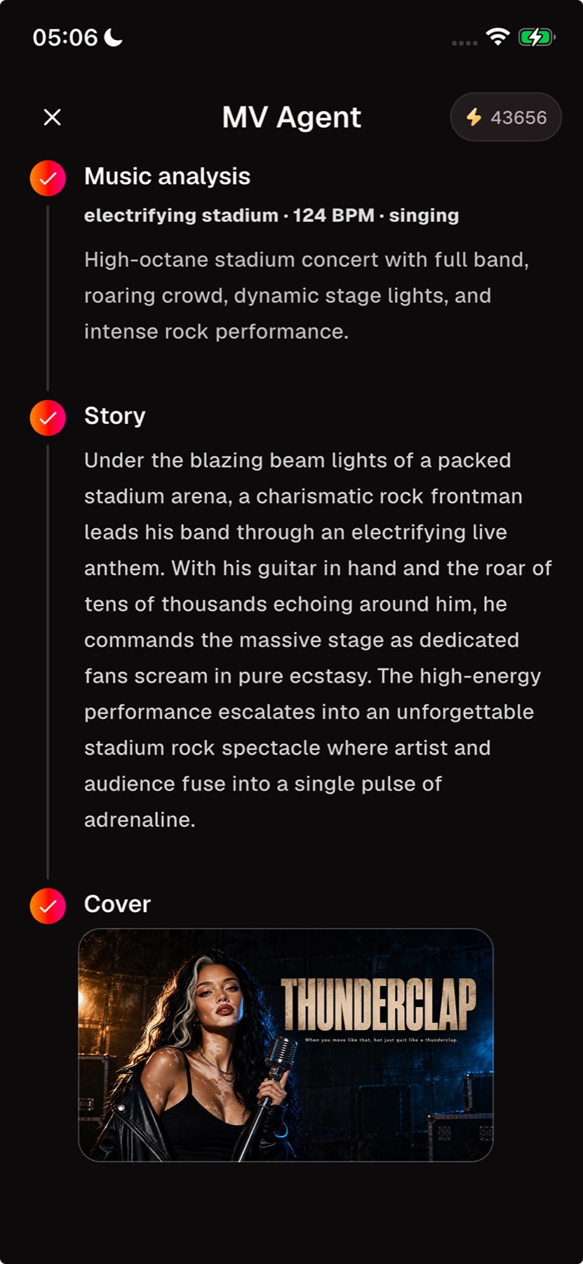 SUVI music video agent showing music analysis, a story, and the generated cover